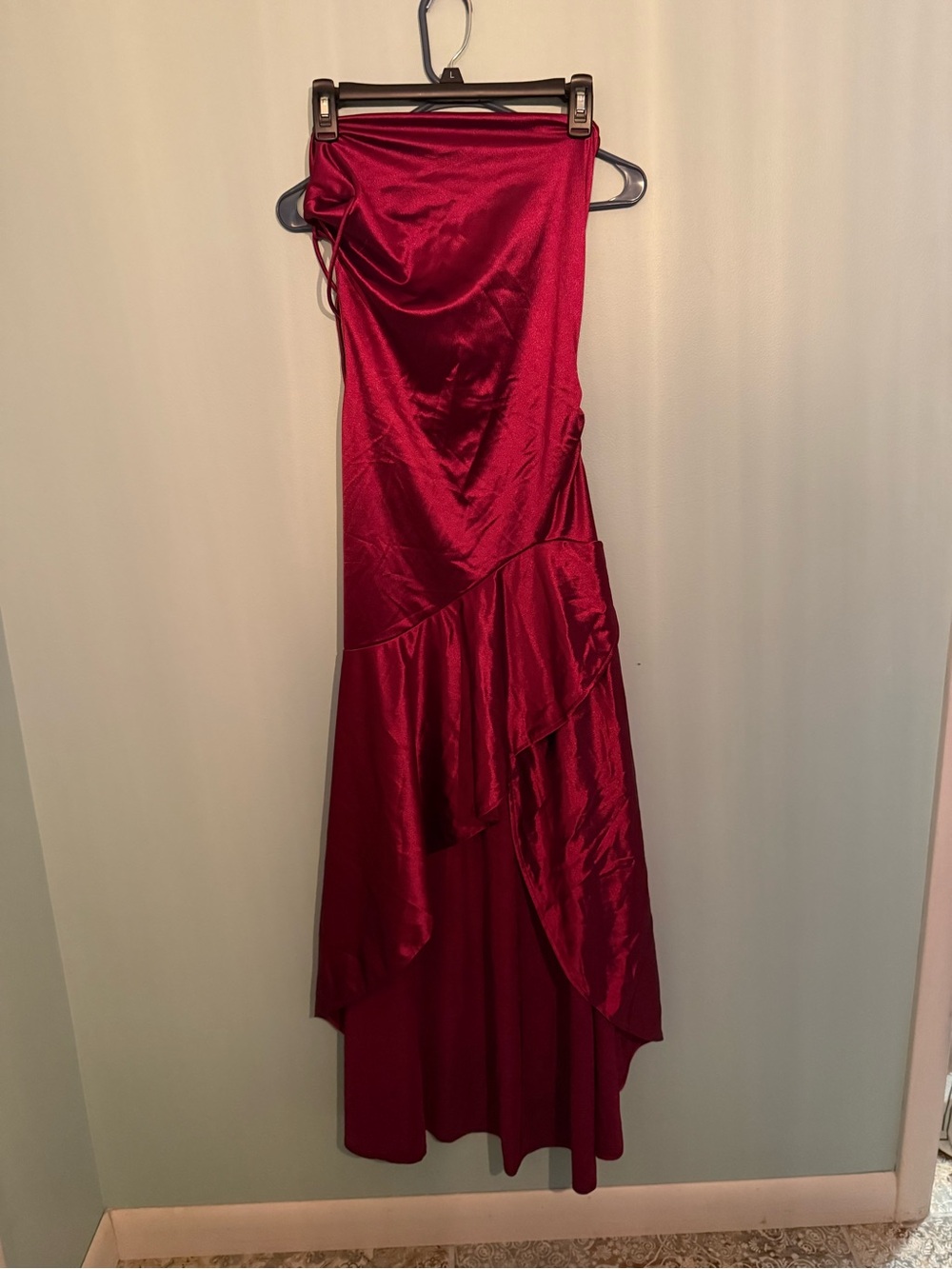 Satin Asymmetric Ruffle Evening Dress - Deep Red